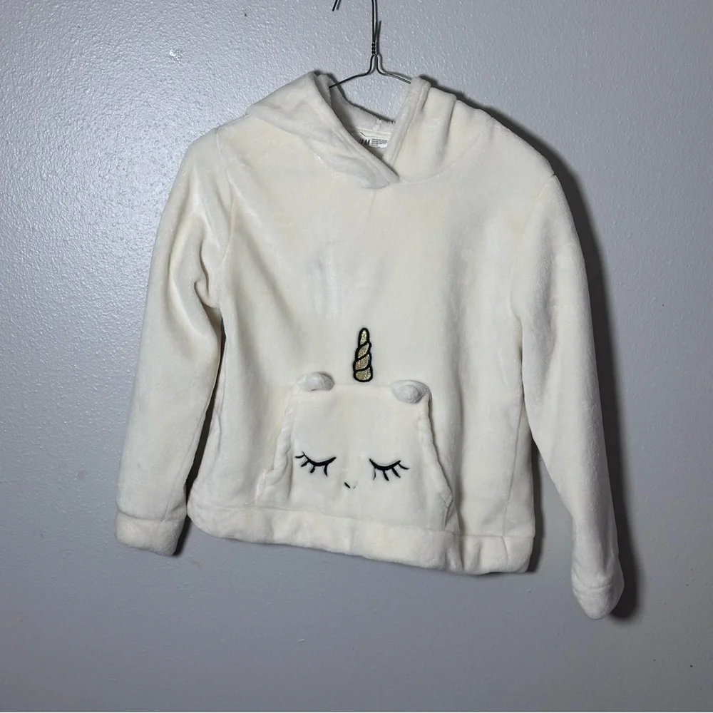 H&M Girls Kids White Cream Pullover Unicorn‎ Hoodie Sweater size 8/10.